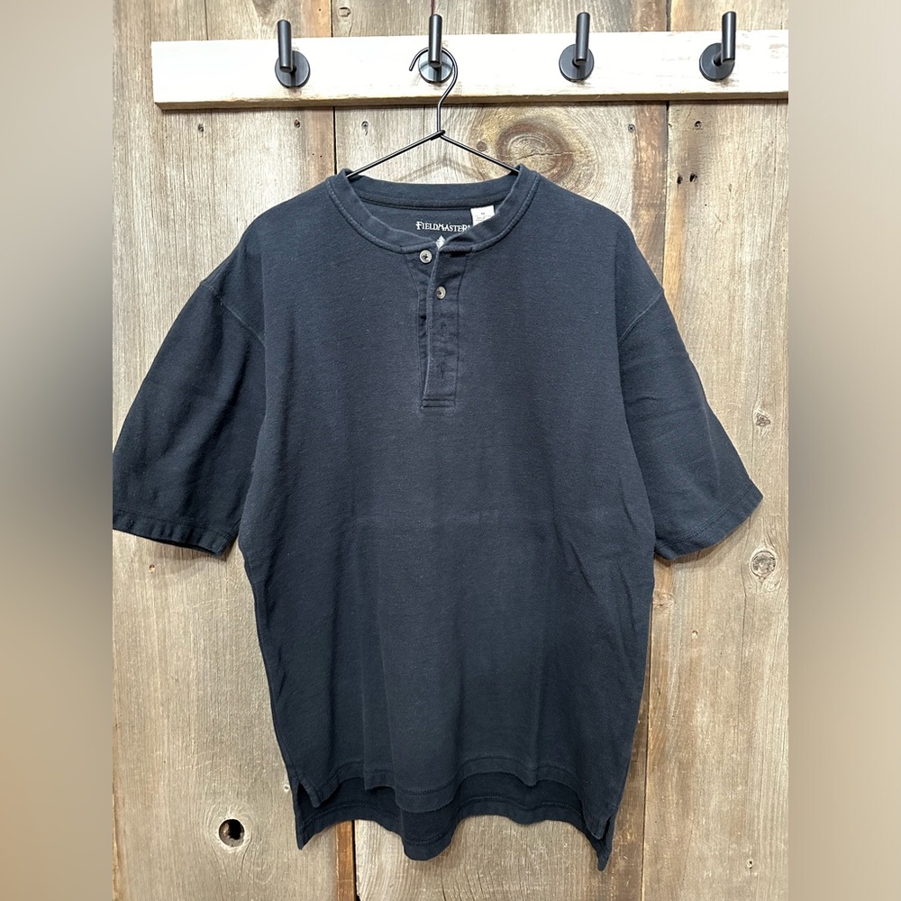 Y2K Fieldmaster Henley Short Sleeve Waffle Knit Top in Blue Size Medium